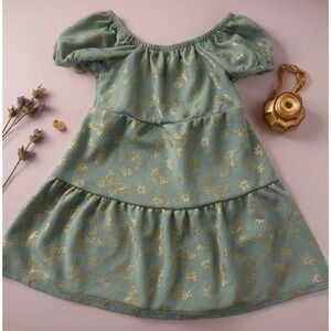 Emma & Elsa Girls 2T Sage Green Gold Butterfly Tiered Dress Puff Sleeve